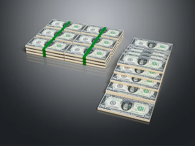 Dollar Bill Design Decorative Ornament Set with Green Rubber Bands Stacked and Scattered Arrangement 3d model