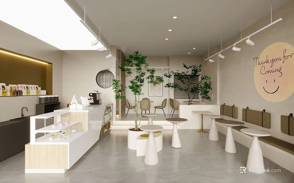 Modern Bright Café Interior With Open Space Green Plants White Bar Round Tables And Bench Seats 3d model 