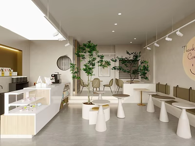 Modern Bright Café Interior With Open Space Green Plants White Bar Round Tables And Bench Seats 3d model