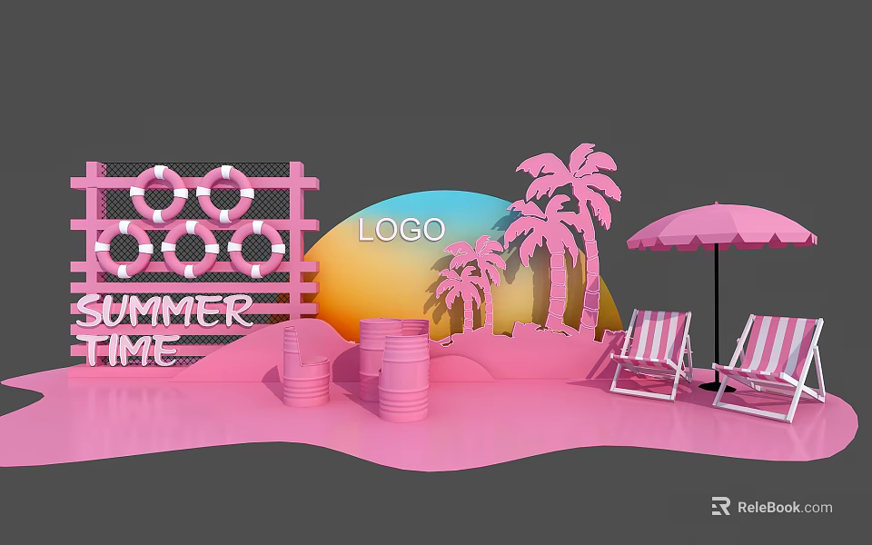 Pink Summer Photo Check in Spot With Fence Palm Trees Umbrella And Deck Chairs 3d model 