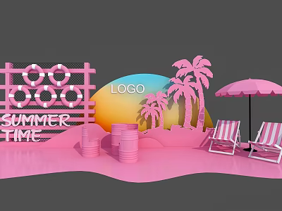 Pink Summer Photo Check in Spot With Fence Palm Trees Umbrella And Deck Chairs 3d model