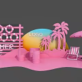 Pink Summer Photo Check in Spot With Fence Palm Trees Umbrella And Deck Chairs