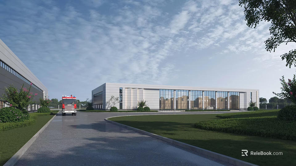 Modern Industrial Factory Building With Glass Curtain Walls Landscaped Areas And Truck On Roadway 3d model 