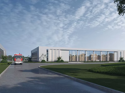 Modern Industrial Factory Building With Glass Curtain Walls Landscaped Areas And Truck On Roadway 3d model
