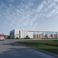Modern Industrial Factory Building With Glass Curtain Walls Landscaped Areas And Truck On Roadway