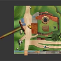 Cartoon Scene Featuring 3D Model Green Grass Small Houses Pathway Trees And Red Wheels