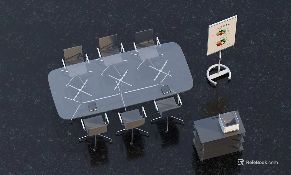 Modern Conference Table With Six Chairs Flip Chart Stand And Office Cabinet 3d model 