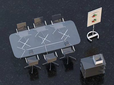 Modern Conference Table With Six Chairs Flip Chart Stand And Office Cabinet 3d model
