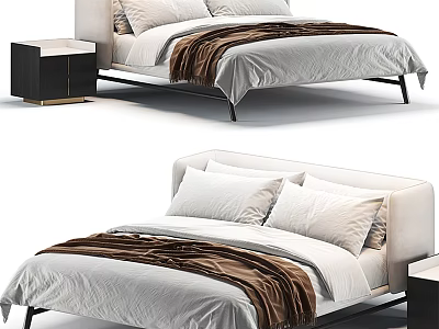Modern Double Bed With Linen Bedding Pillows Brown Blanket And Black Nightstand 3d model