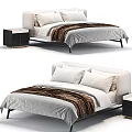 Modern Double Bed With Linen Bedding Pillows Brown Blanket And Black Nightstand