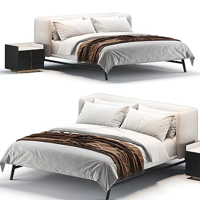 Modern Double Bed With Linen Bedding Pillows Brown Blanket And Black Nightstand 3d model