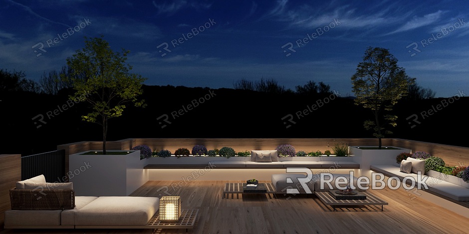 Modern Garden Home Roof Garden Courtyard Night Landscape Villa Balcony Terrace Leisure Area Garden Outdoor Multi-person Sofa Landscape Sketch Green Planting Courtyard model