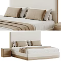 Modern Double Bed Interior With Beige White Upholstered Headboard And Pillows 3d model