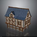 Traditional Half Timbered House Exterior With Blue Roof Wooden Frames And Stone Walls