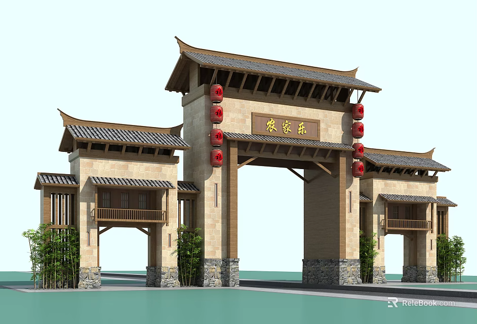 Traditional Chinese Paifang Archway With Overhanging Eaves Red Lanterns And Stone Structure 3d model 