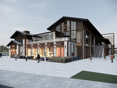 Modern Commercial Street Plaza Featuring Wood Glass Architecture Pedestrians And Cafe Shops 3d model