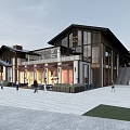 Modern Commercial Street Plaza Featuring Wood Glass Architecture Pedestrians And Cafe Shops