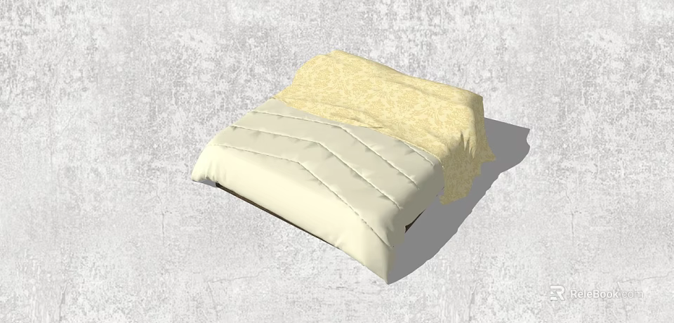 Simple Style Double Bed With Light Colored Quilt And Yellow Bedspread 3d model 