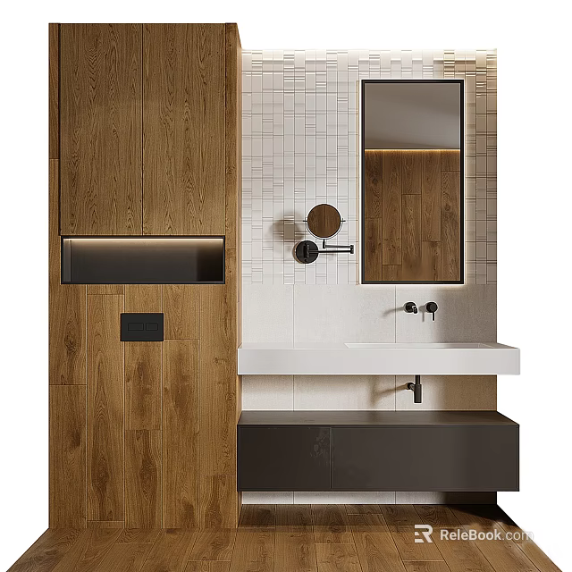 Modern Bathroom Set With Wooden Cabinet White Countertop Sink Wall Mirror And Tile Backsplash 3d model 
