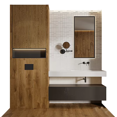Modern Bathroom Set With Wooden Cabinet White Countertop Sink Wall Mirror And Tile Backsplash 3d model
