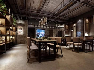 Industrial Restaurant Interior With Rustic Ceiling Wooden Tables Chandeliers And Green Plants 3d model