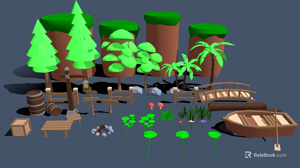 Wooden Bridge Boat Bench And Barrels With Green Trees Palms Rocks And Lotus Leaves 3d model 