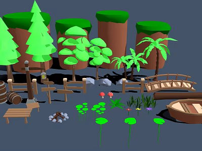 Wooden Bridge Boat Bench And Barrels With Green Trees Palms Rocks And Lotus Leaves 3d model