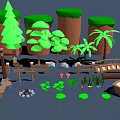 Wooden Bridge Boat Bench And Barrels With Green Trees Palms Rocks And Lotus Leaves