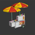 Mobile Food Cart With Red Yellow Umbrellas Bottled Drinks And Food