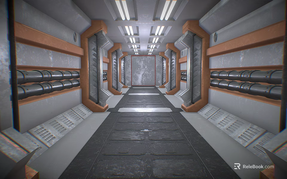 Futuristic Corridor Design With Metallic Structures Bright Ceiling Lights And Industrial Pipes 3d model 