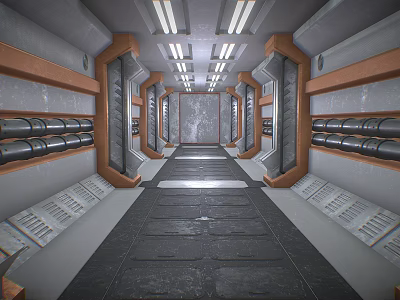 Futuristic Corridor Design With Metallic Structures Bright Ceiling Lights And Industrial Pipes 3d model