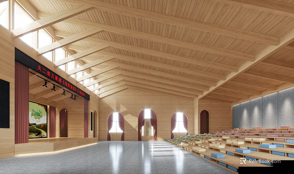 Spacious Auditorium Interior With Wooden Ceiling Stage Large Screen Arched Windows And Seats 3d model 