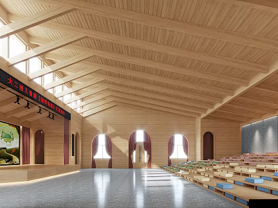 Spacious Auditorium Interior With Wooden Ceiling Stage Large Screen Arched Windows And Seats 3d model