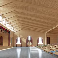 Spacious Auditorium Interior With Wooden Ceiling Stage Large Screen Arched Windows And Seats
