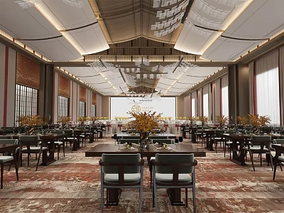 Spacious Modern Restaurant Interior With Chandelier Dining Tables Chairs Carpet Windows And Decorations 3d model