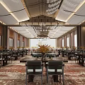 Spacious Modern Restaurant Interior With Chandelier Dining Tables Chairs Carpet Windows And Decorations