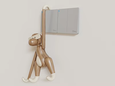Gray Switch Panel with Wooden Monkey Ornament on Light Colored Wall 3d model
