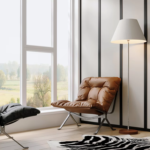 Brown Padded Leather Lounge Chair In Modern Interior By Window With Floor Lamp Natural View 3d model 