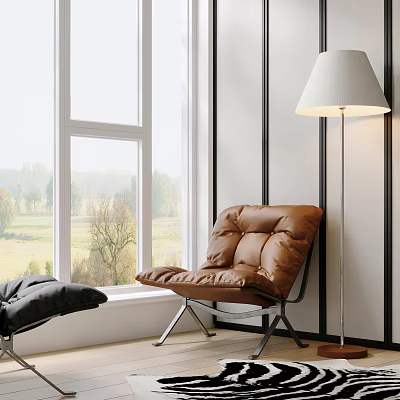 Brown Padded Leather Lounge Chair In Modern Interior By Window With Floor Lamp Natural View 3d model