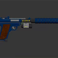 Blue Tactical Pistol With Wooden Grip Extended Barrel Warning Stripes And Tactical Light