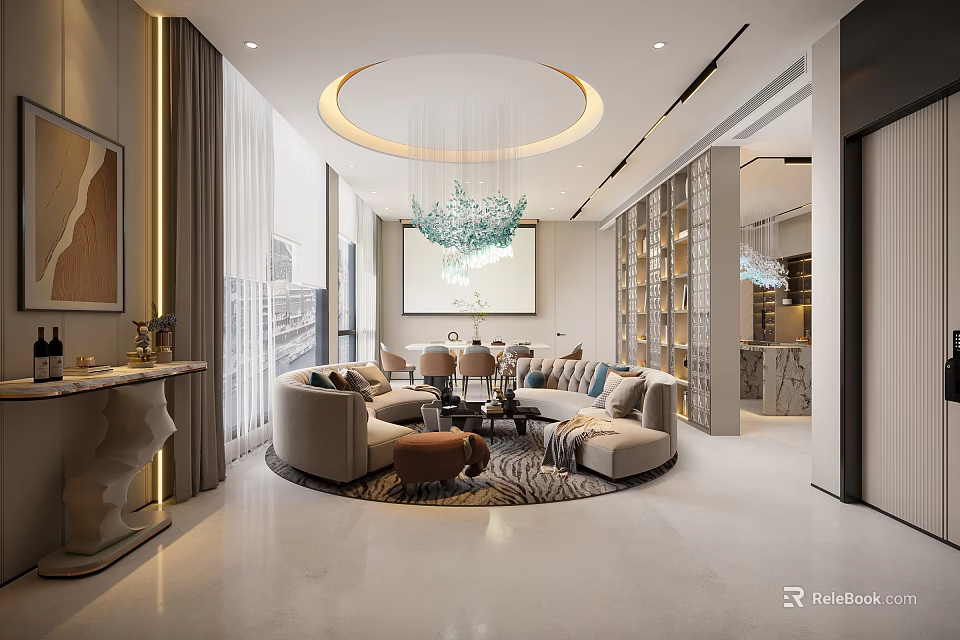 Modern Living Dining Room Interior With Chandelier Sofas And Dining Table 3d model 