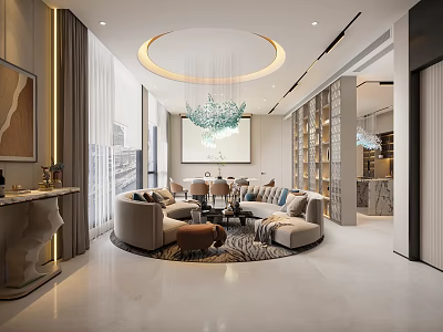 Modern Living Dining Room Interior With Chandelier Sofas And Dining Table 3d model