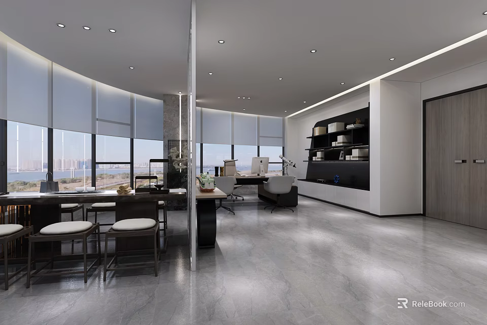 Modern Office Interior Design With Open Layout Large Windows And Sea View 3d model 