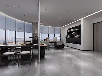 Modern Office Interior Design With Open Layout Large Windows And Sea View 3d model