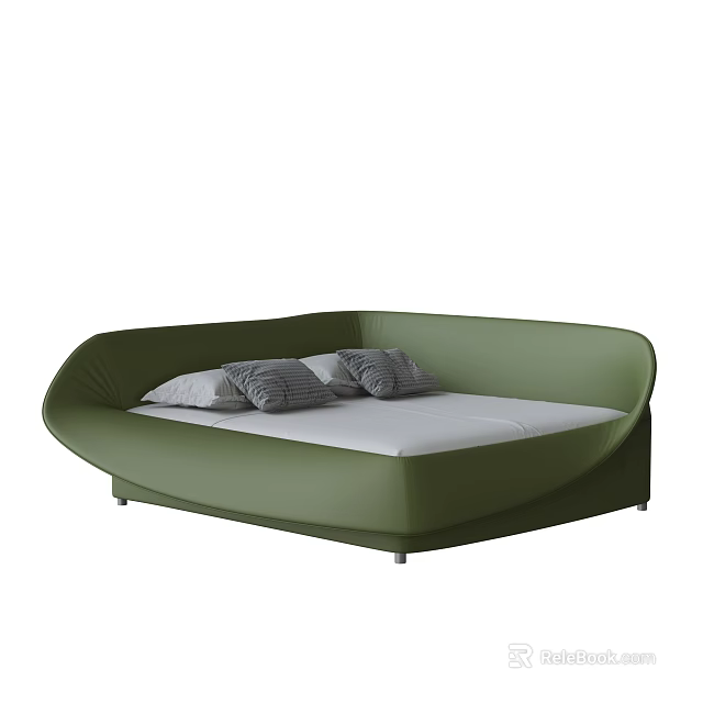 Green Modern Double Bed With White Mattress And Gray Striped Pillows 3d model 