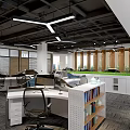 Modern Public Office Space with Open Layout Desks Ergonomic Chairs Windows Blinds and Ceiling Lights