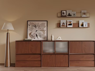 Modern Walnut Wood Bookcase Design With Glass Doors Drawers And Floor Lamp Photo Shelves 3d model