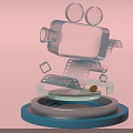 Transparent Movie Projector With Reels And Film Strips On Blue Base Platform