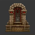 Brick Arched Architectural Structure with Red Decorative Orbs and Central Panel on Detailed Stone Pedestal