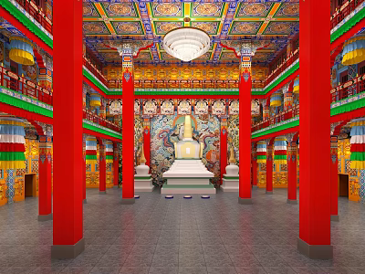 Buddhist Temple Interior With Colorful Ceiling Red Pillars And Central Buddha Statue 3d model